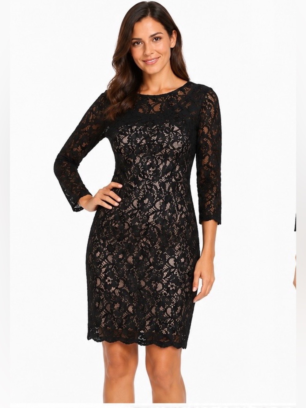 Ricki’s Womens Size 8 Black Floral Lace Sheath Dress 3/4 Sleeve Cocktail Party